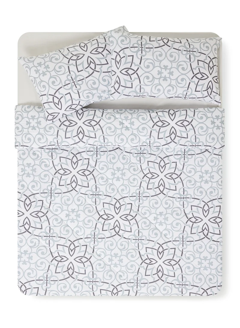 Noon East Comforter Set With Pillow Cover 50X75 Cm, Comforter 240X200 Cm - For Queen Size Mattress - 100% Cotton Printed Elana - Sleep Well Lightweight And Warm Bed Linen Grey/Black