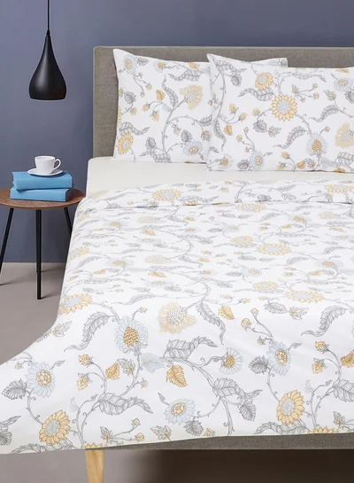 Noon East Duvet Cover Set- With 1 Duvet Cover 160X200 Cm And 2 Pillow Cover 50X75 Cm - For Twin Size Mattress - White/Grey/Yellow 100% Cotton Percale 180 Thread Count White/Grey/Yellow Twin