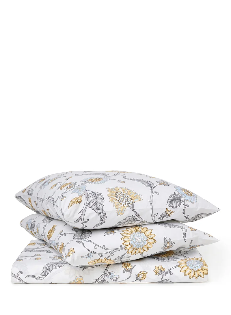 Noon East Duvet Cover Set- With 1 Duvet Cover 160X200 Cm And 2 Pillow Cover 50X75 Cm - For Twin Size Mattress - White/Grey/Yellow 100% Cotton Percale 180 Thread Count White/Grey/Yellow Twin