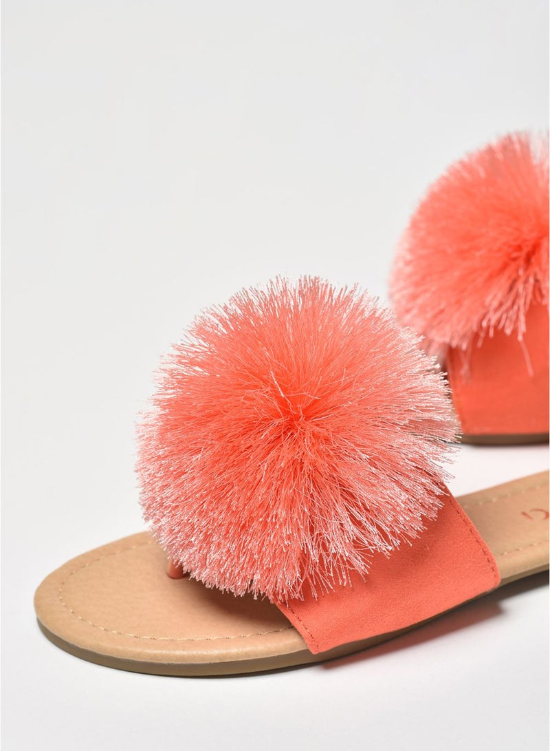 Aila - Thread Pom-Pom Detail Strap Flat Sandals Coral - Image 1