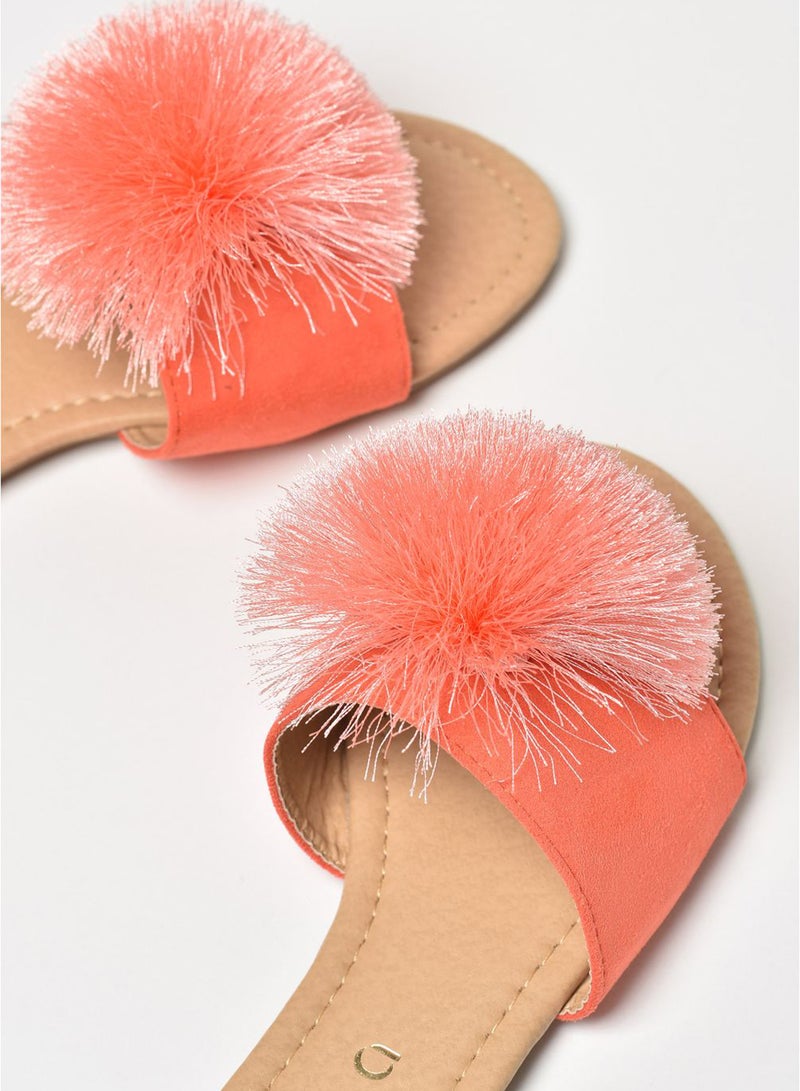 Aila - Thread Pom-Pom Detail Strap Flat Sandals Coral - Image 1