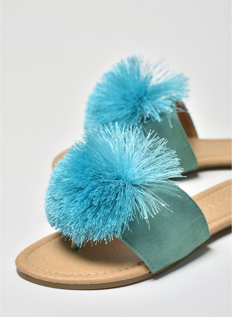 Aila - Thread Pom-Pom Detail Strap Flat Sandals Green - Image 1