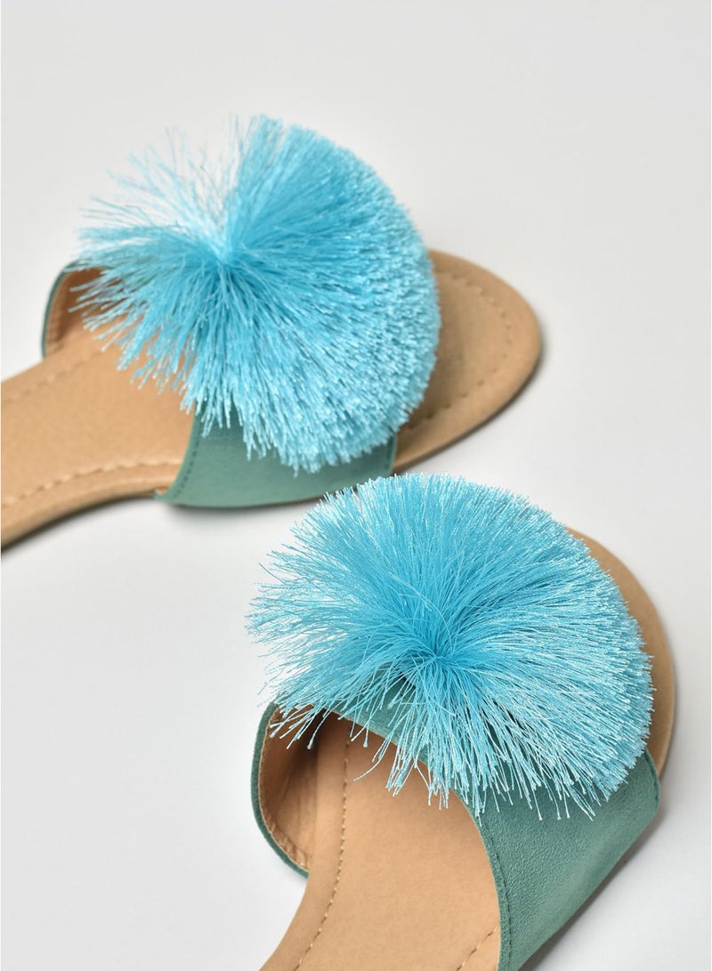 Aila - Thread Pom-Pom Detail Strap Flat Sandals Green - Image 1