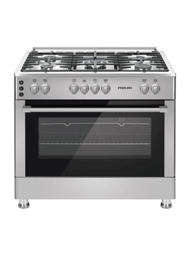 NIKAI - 90x60cm 5 Burner FreestAnding Gas Cooker With Gas Grill And Oven, Ignition in Hob And Oven, Cooling Fan, Cast Iron Pan Supports, Timer, Close Door grilling, Turnspit, Made in Turkey U9066FSSPTN10 Silver - Image 1