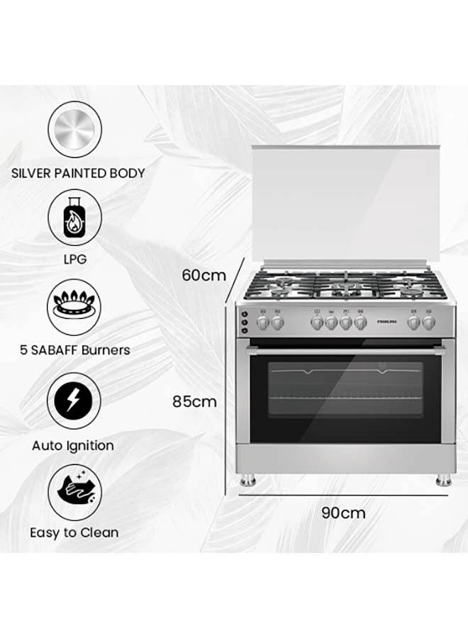 NIKAI - 90x60cm 5 Burner FreestAnding Gas Cooker With Gas Grill And Oven, Ignition in Hob And Oven, Cooling Fan, Cast Iron Pan Supports, Timer, Close Door grilling, Turnspit, Made in Turkey U9066FSSPTN10 Silver - Image 1