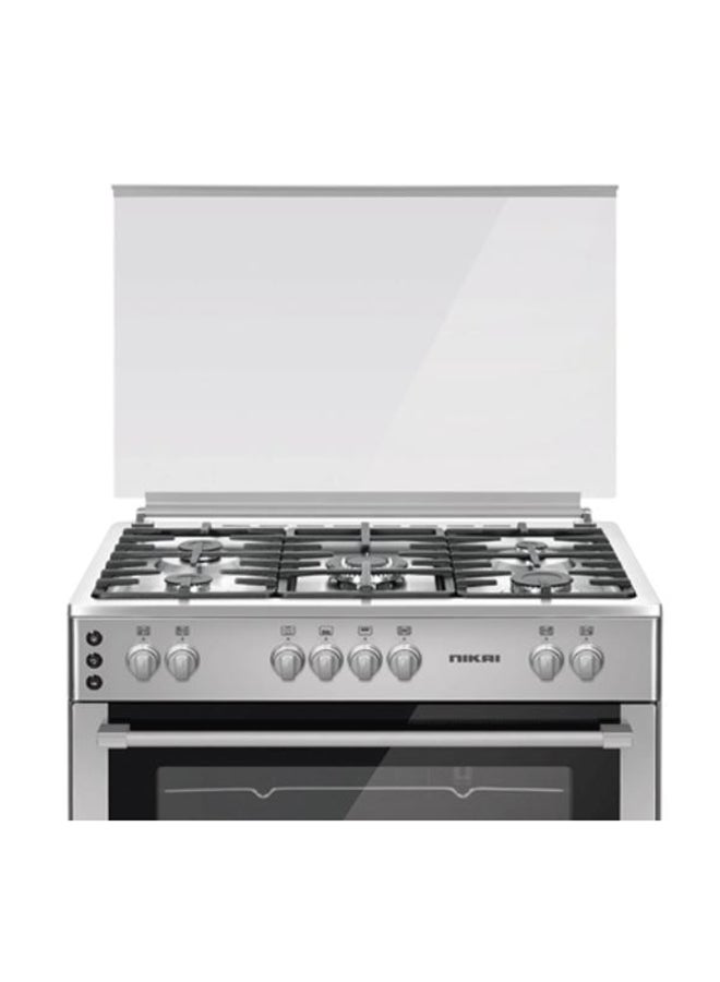 NIKAI - 90x60cm 5 Burner FreestAnding Gas Cooker With Gas Grill And Oven, Ignition in Hob And Oven, Cooling Fan, Cast Iron Pan Supports, Timer, Close Door grilling, Turnspit, Made in Turkey U9066FSSPTN10 Silver - Image 1