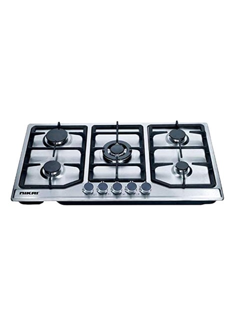 5 Burner Gas Hob With Auto Ignition, Cast Iron Support, Full Safety Features, Straight Flame, Stainless Steel Body, Rapid Burner, Semi-Rapid Burner, Auxiliary Burner NGH5005N Stainless steel
