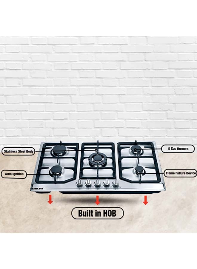 NIKAI - 5 Burner Gas Hob With Auto Ignition, Cast Iron Support, Full Safety Features, Straight Flame, Stainless Steel Body, Rapid Burner, Semi-Rapid Burner, Auxiliary Burner NGH5005N Stainless steel - Image 1