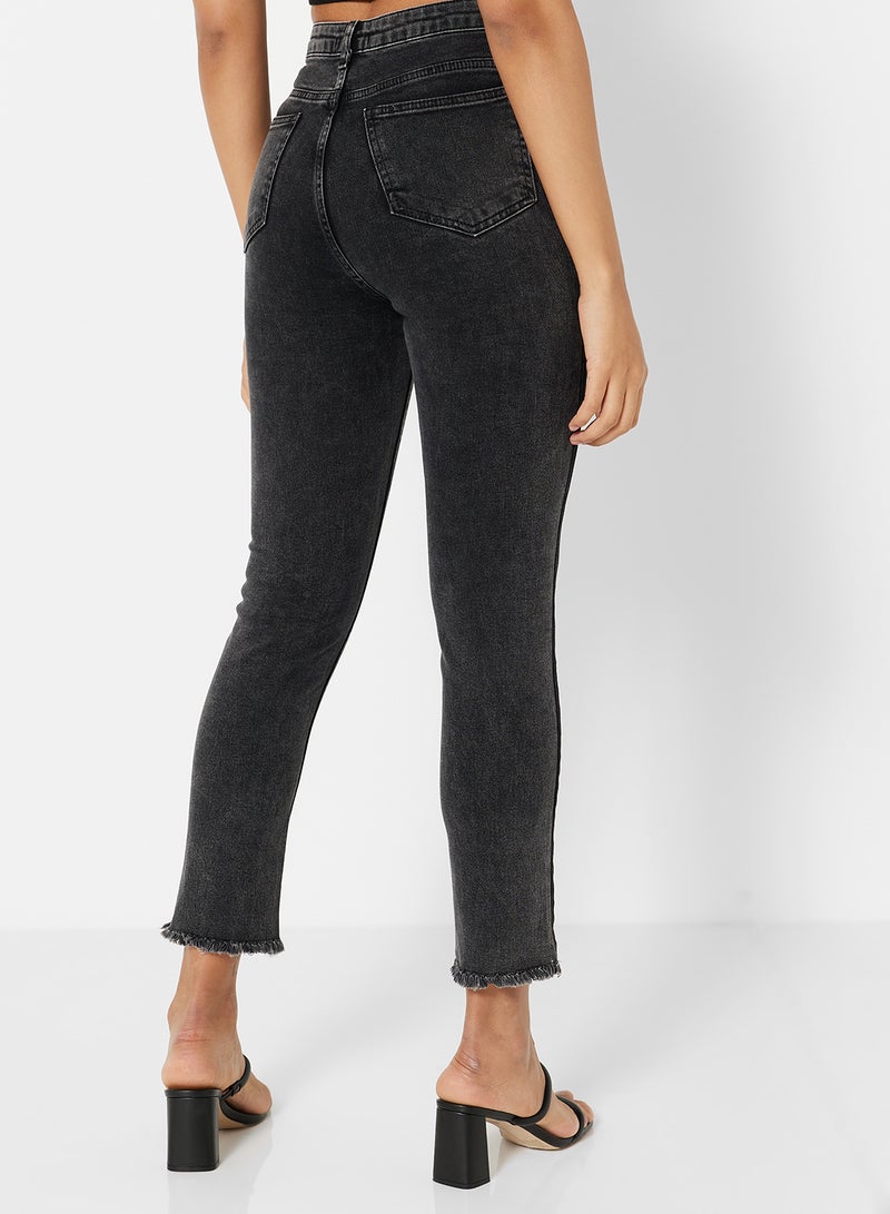 trendyol - Color-Blocked High Waist Slim Fit Jeans Black - Image 1