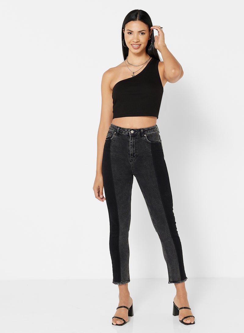 trendyol - Color-Blocked High Waist Slim Fit Jeans Black - Image 1
