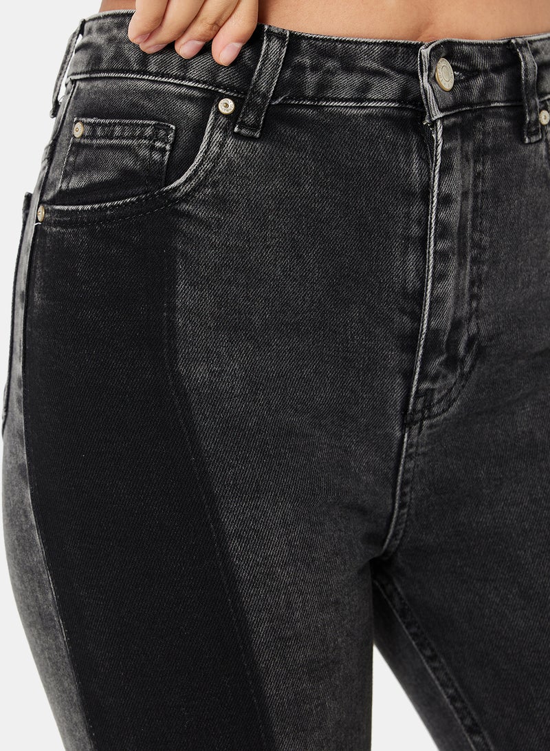 trendyol - Color-Blocked High Waist Slim Fit Jeans Black - Image 1