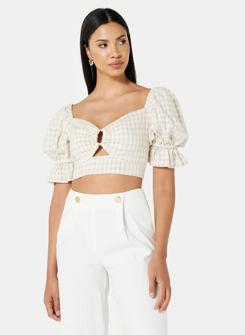 Cmeo collective Checkered Puff Sleeve Crop Top