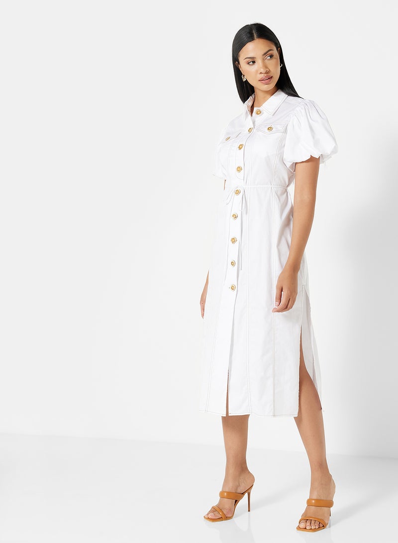 Cmeo collective Puff Sleeve Midi Shirt Dress White  - Image 1