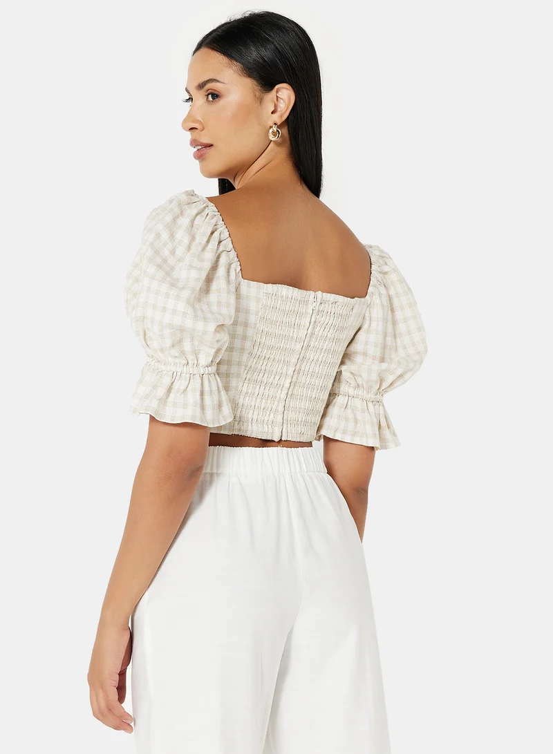 Cmeo collective Checkered Puff Sleeve Crop Top