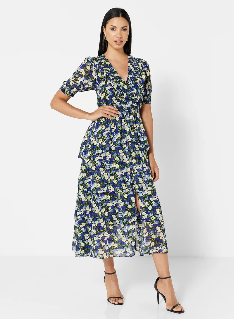Femi9 Floral Print Ruffle Detail Dress Blue/Beige