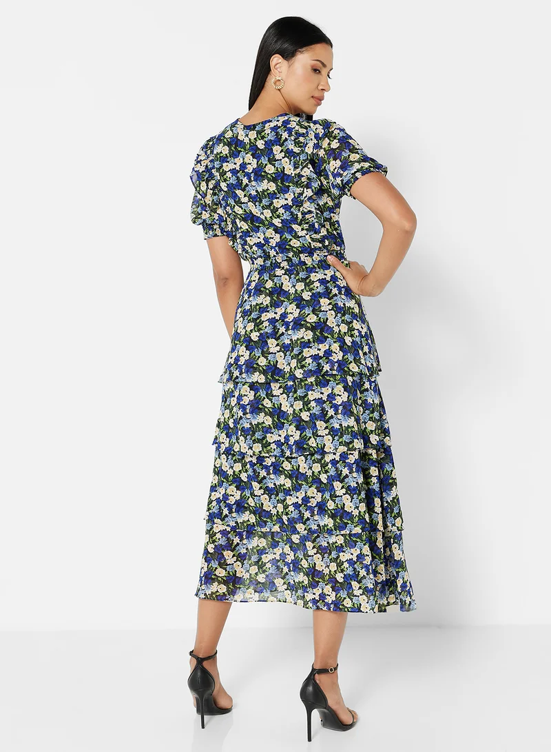 Femi9 Floral Print Ruffle Detail Dress Blue/Beige