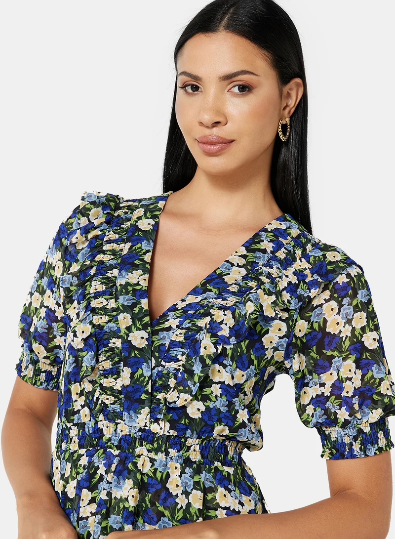 Femi9 Floral Print Ruffle Detail Dress Blue/Beige
