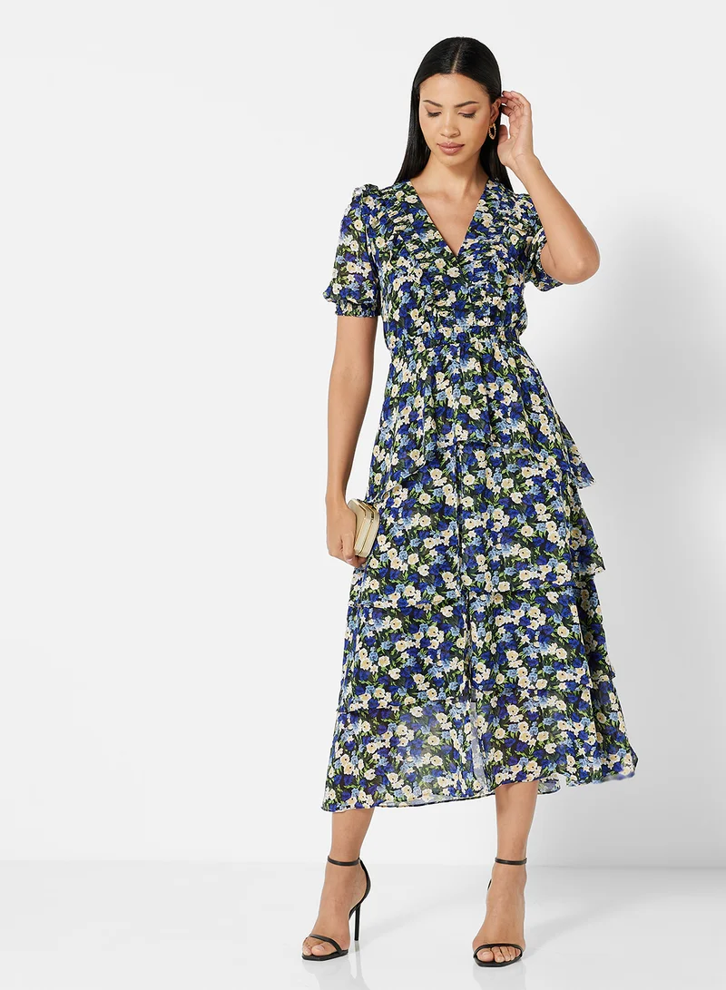 Femi9 Floral Print Ruffle Detail Dress Blue/Beige