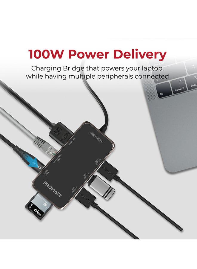 بروميت موزع برايم هاب-ميني لتوفير الطاقة بقدرة 100 وات مزود بمنفذ USB-C ومنفذ HDMI بجودة 4K ومنفذ RJ45 و3 منافذ USB وفتحة لبطاقة TF وSD أسود  - Image 5