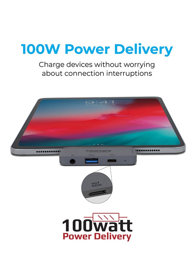 PROMATE - USB-C Hub with 100W Type-C Power Delivery, USB 3.0 Port, 4K HDMI and 3.5mm Port, PadHub-Pro Grey - Image 1