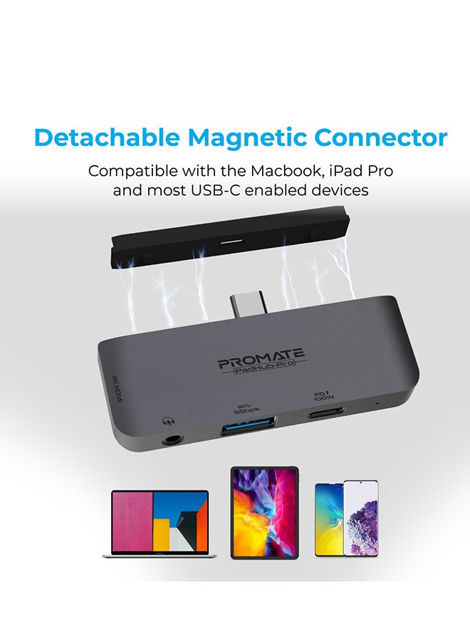PROMATE - USB-C Hub with 100W Type-C Power Delivery, USB 3.0 Port, 4K HDMI and 3.5mm Port, PadHub-Pro Grey - Image 1