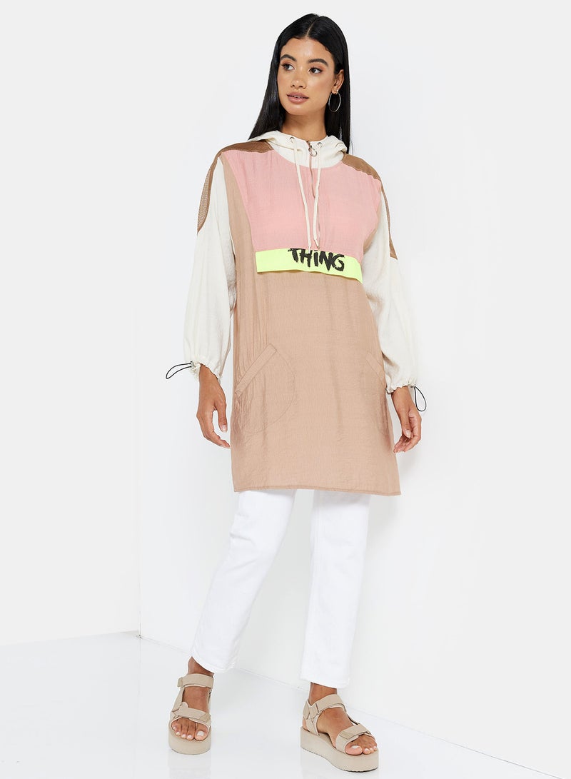 High Streets Polyester Hooded Tunic Pink/Beige/White  - Image 4