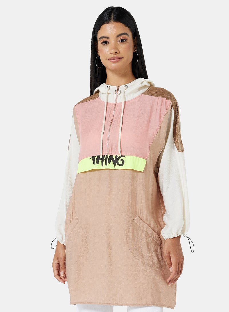 High Streets Polyester Hooded Tunic Pink/Beige/White  - Image 1