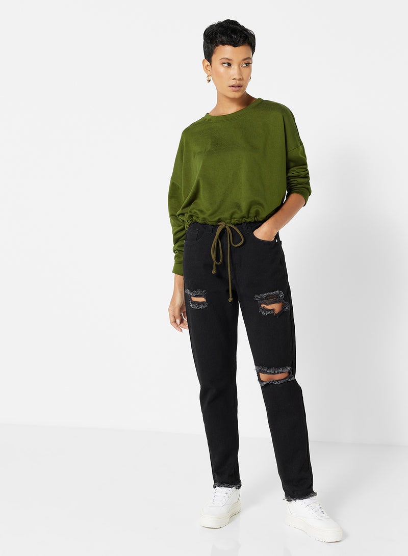 فور ايفر 21 سويت شيرت برباط على الأطراف زيتوني - Image 4