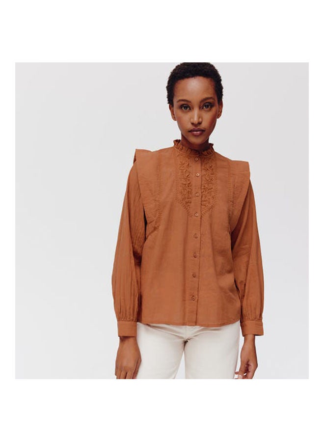 promod - Embroidered Cotton Shirt Chestnut Brown - Image 1