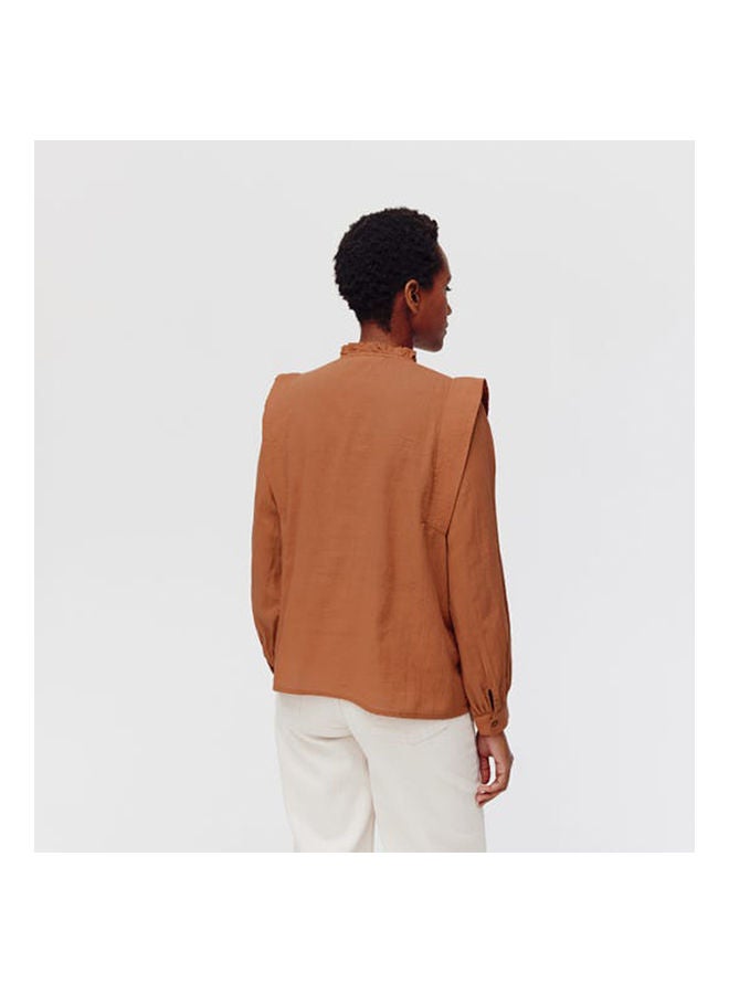 promod - Embroidered Cotton Shirt Chestnut Brown - Image 1