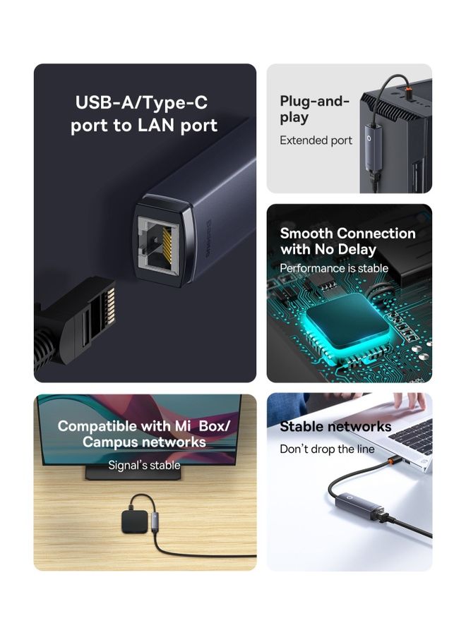 Baseus - USB C to Ethernet Adapter Braided Cable Type C Thunderbolt 3 to RJ45 Gigabit LAN Network Adapter Compatible with MacBook Pro, MacBook Air, iPad Pro, Surface Book, Dell XPS, Chromebook, and more Grey - Image 1