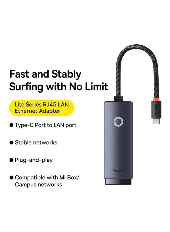 Baseus - USB C to Ethernet Adapter Braided Cable Type C Thunderbolt 3 to RJ45 Gigabit LAN Network Adapter Compatible with MacBook Pro, MacBook Air, iPad Pro, Surface Book, Dell XPS, Chromebook, and more Grey - Image 1