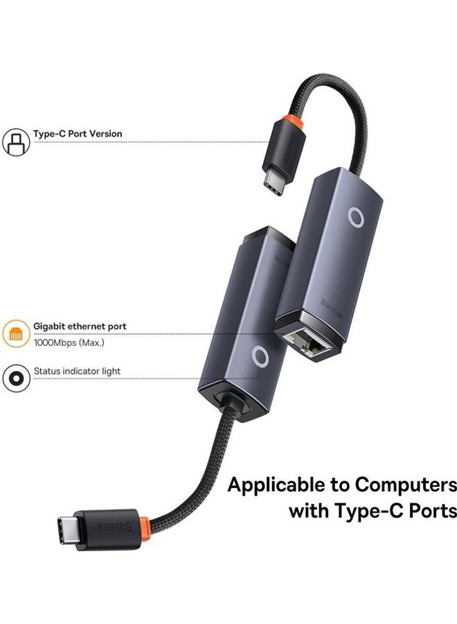 Baseus - USB C to Ethernet Adapter Braided Cable Type C Thunderbolt 3 to RJ45 Gigabit LAN Network Adapter Compatible with MacBook Pro, MacBook Air, iPad Pro, Surface Book, Dell XPS, Chromebook, and more Grey - Image 1