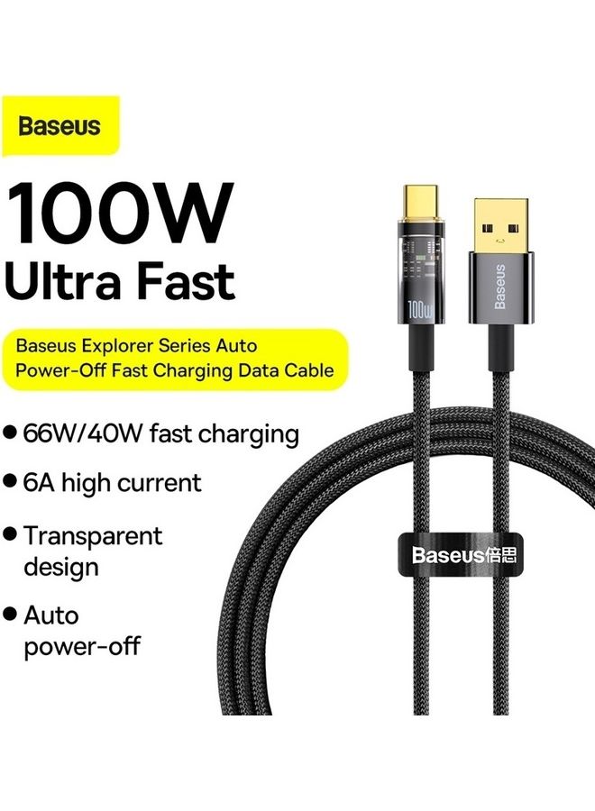 بيسوس كابل بيانات وشحن سريع من USB إلى Type-C من سلسلة إكسبلورر بقدرة 100 وات وبخاصية إيقاف التشغيل التلقائي لأجهزة هواوي وهونر وشاومي وكل الأجهزة بمنفذ Type C بتيار 6 أمبير وبطول 1 متر أسود - Image 2