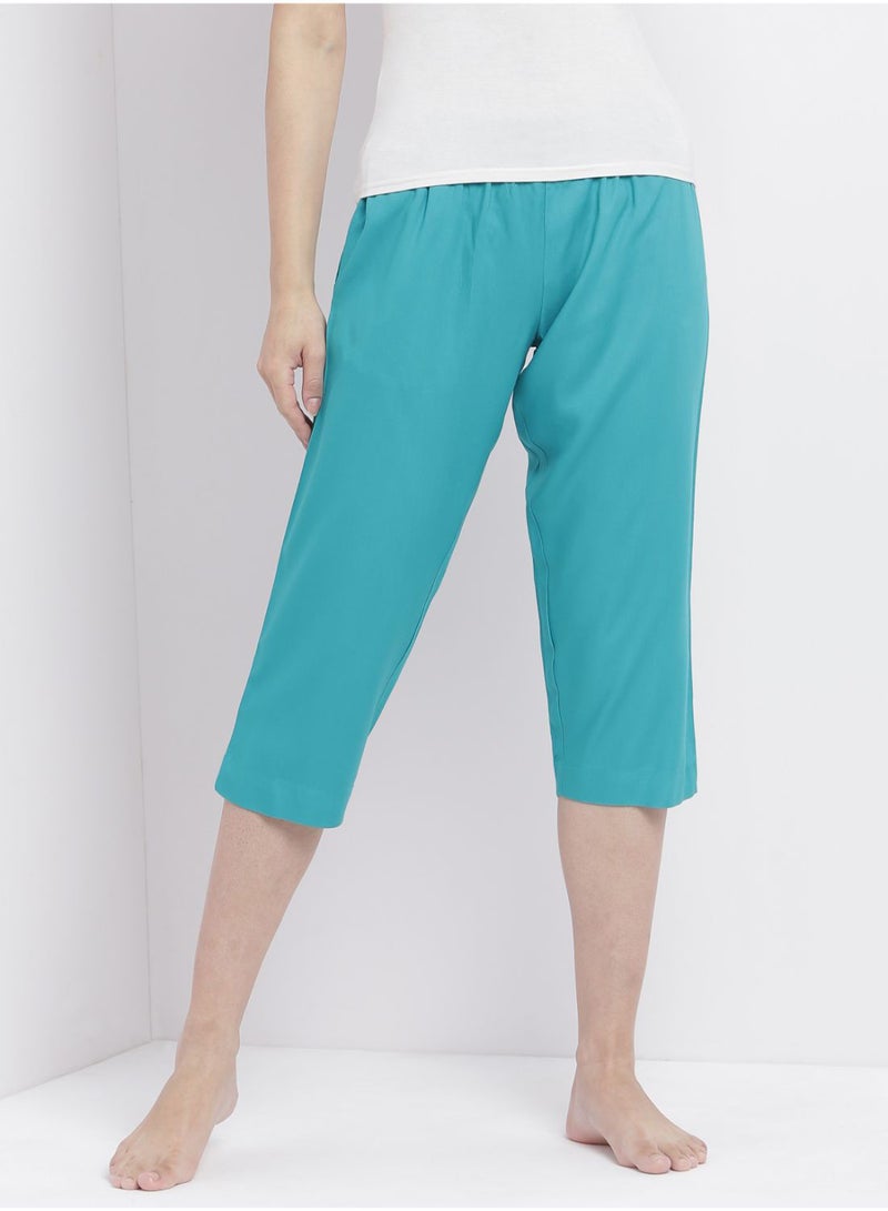 Aila - Casual Comfortable Relaxed Fit Three Quarter Pyjama Pants With Matching Scrunchie Teal - Image 1