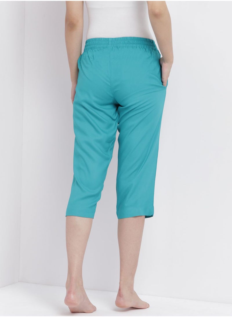 Aila - Casual Comfortable Relaxed Fit Three Quarter Pyjama Pants With Matching Scrunchie Teal - Image 1