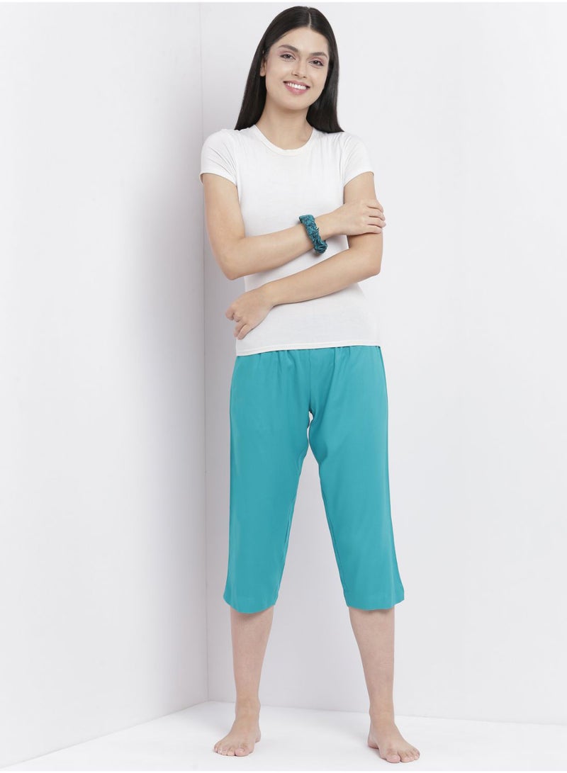 Aila - Casual Comfortable Relaxed Fit Three Quarter Pyjama Pants With Matching Scrunchie Teal - Image 1