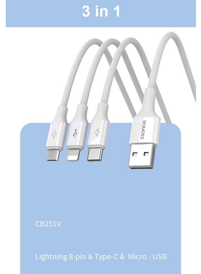 ROMOSS - CB251V 3 in 1 Charge and Data Cable Lightning, Type-C and Micro USB Fast Charge Cable 3.5A White - Image 1