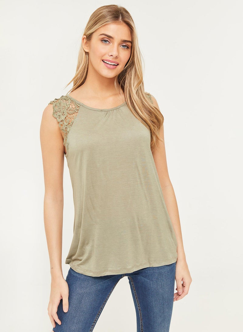Ardene - Long Jersey Tank With Crochet At Shoulders Green - Image 1