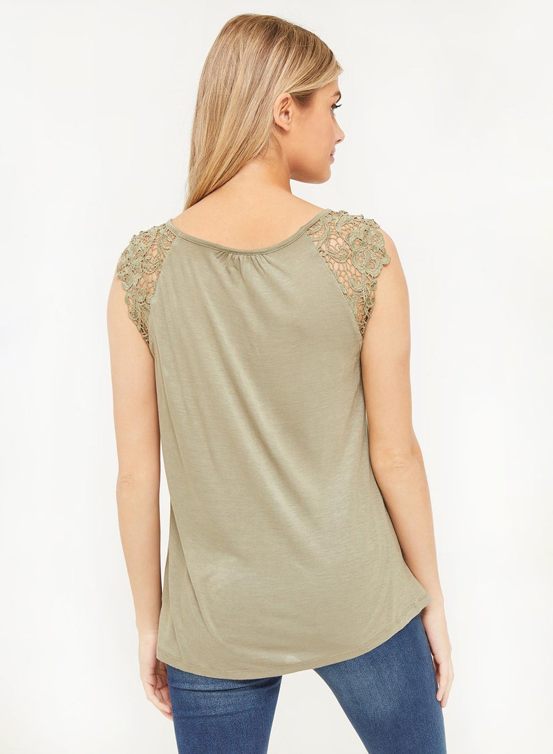 Ardene - Long Jersey Tank With Crochet At Shoulders Green - Image 1