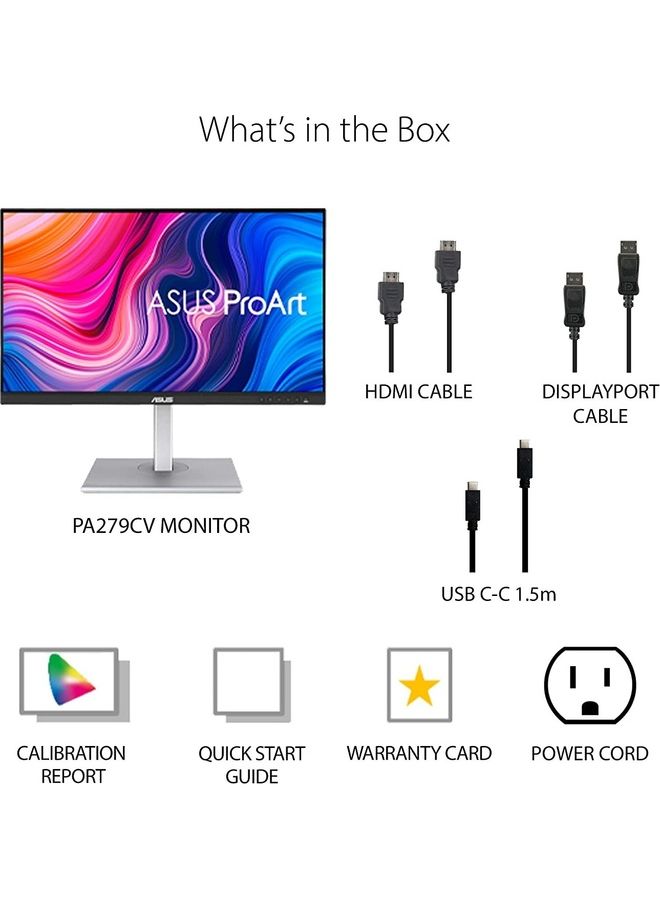 ASUS - 27 inch ProArt 4K HDR UHD (3840 x 2160) Monitor, IPS, 100% sRGB/Rec. 709, USB-C DisplayPort HDMI USB Hub, Calman Verified, Tilt Pivot Swivel Height Adjustable | Creative/Creator focus/Color focus | 90LM06M1-B01170 PA279CV Black/Silver - Image 1