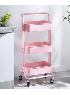 3 Tier Utility Rolling Storage Cart With Handles And Lockable Wheels Pink 43x36x86.5cm