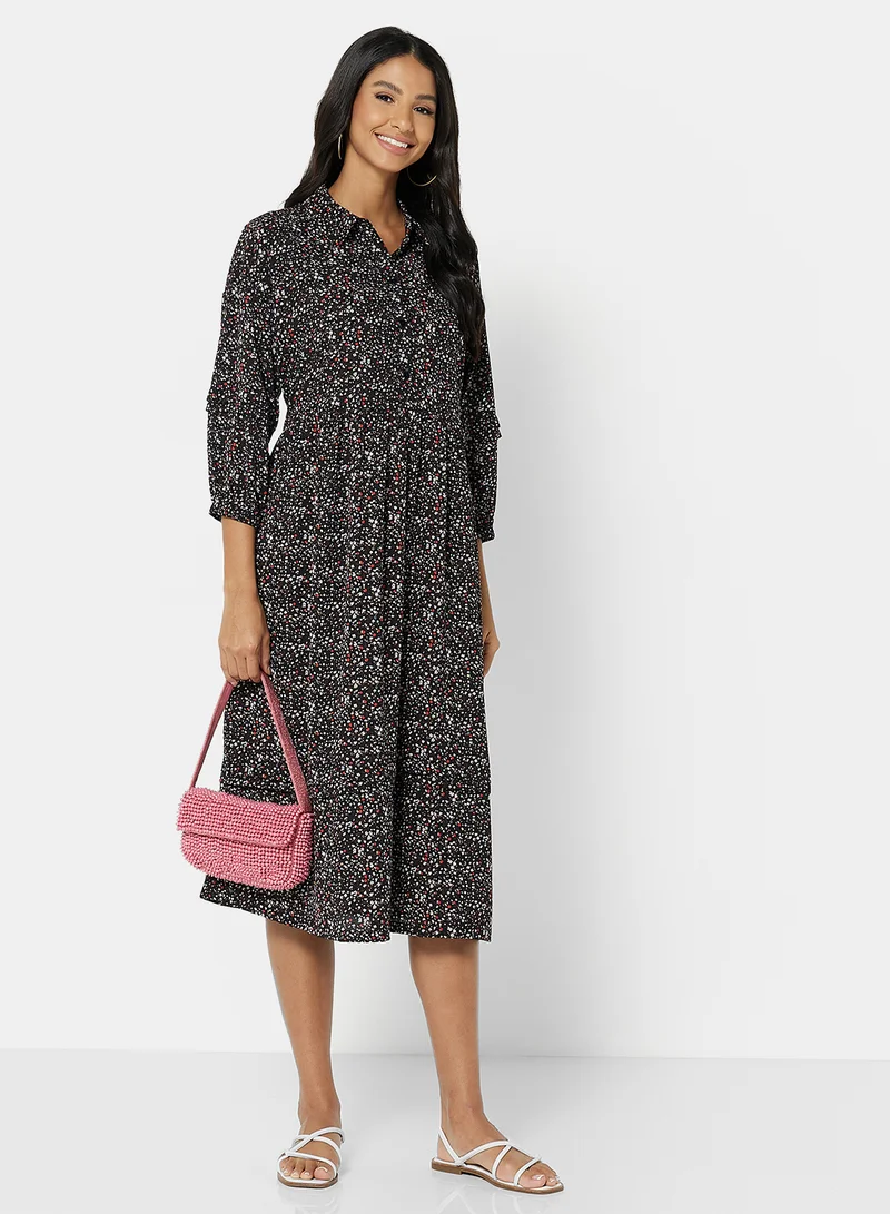 VERO MODA Printed Oversized Shirt Dress Black