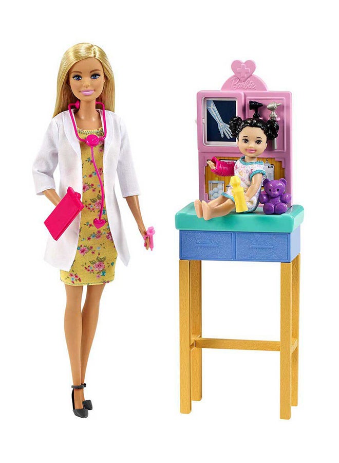 Barbie 12-Inch Pediatrician Playset, Brunette Doll With Exam Table, X-Ray, Stethoscope, Tool, Clip Board, Patient Doll And Teddy Bear - Image 1