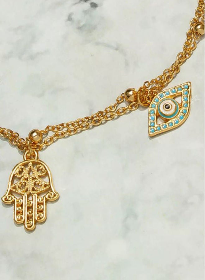 Pipa Bella - 18K Gold Plated Sterling Silver Evil Eye and Hamza Charm Anklet - Image 1