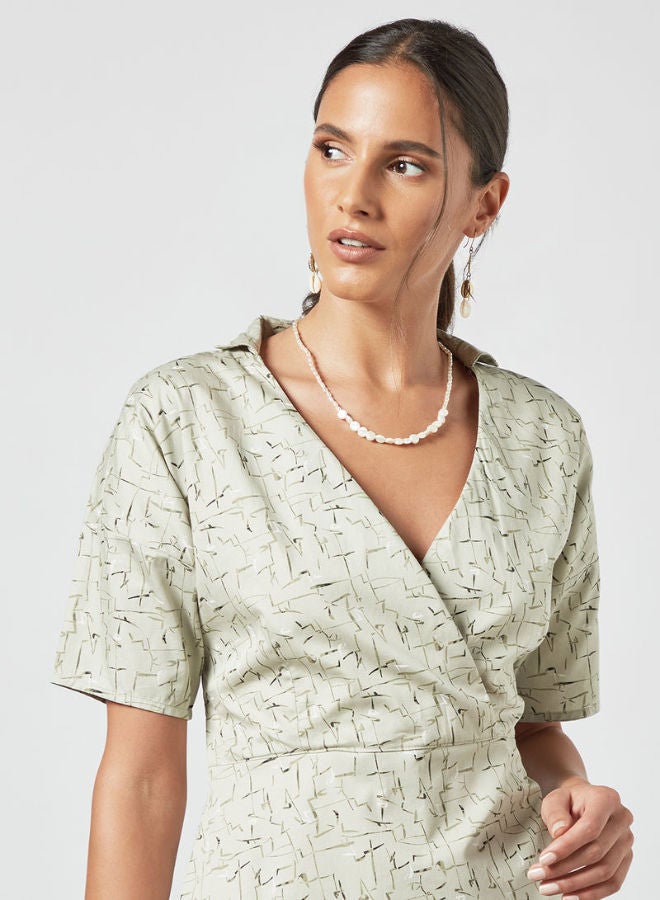 ABOF Printed V-Neck Short Sleeves Mini Dress Silver  - Image 4