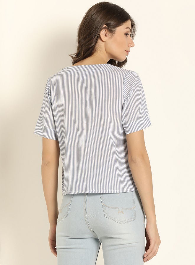 ABOF Striped Pattern V-Neck Button Detail Top Blue  - Image 2