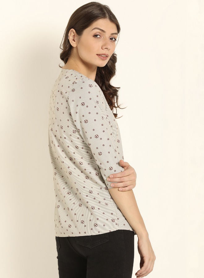 ABOF Printed V-Neck Long Line Three-Quarter Sleeve Top Beige/Red - Image 2