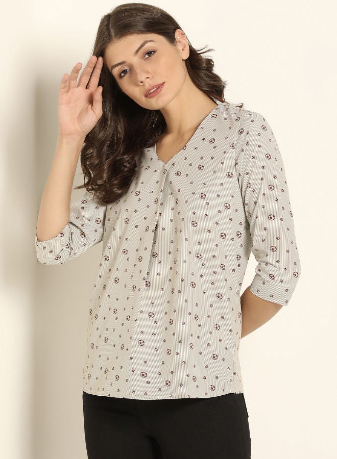 ABOF Printed V-Neck Long Line Three-Quarter Sleeve Top Beige/Red - Image 1