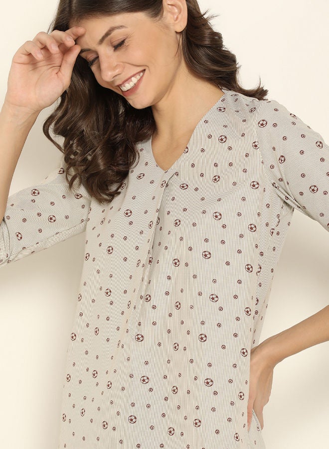 ABOF Printed V-Neck Long Line Three-Quarter Sleeve Top Beige/Red - Image 3